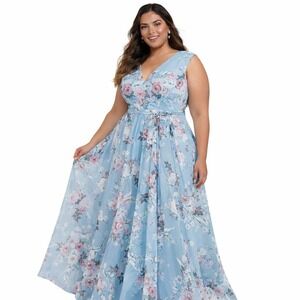 KLEINFELD Size 24 Blue Floral Chiffon Floor Length Bridesmaid Dress KL-200053